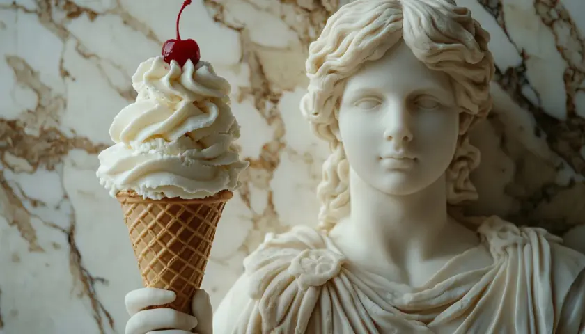 Lody z wisienką na tle antycznej rzeźby. Czy to starożytni Grecy wiedzieli, skąd pochodzą lody?