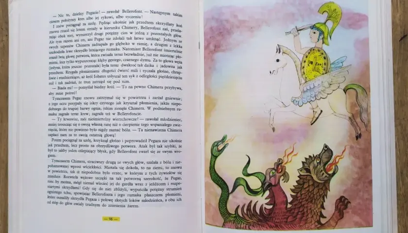 Ilustracja z książki Nathaniela Hawthorne'a: Bellerofont na Pegazie walczy z potworem Chimery.