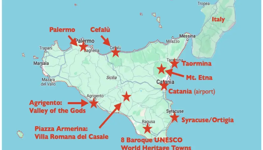 Map of Sicily, Italy, showing towns like Palermo, Catania (airport), and Mt. Etna, plus key attractions.