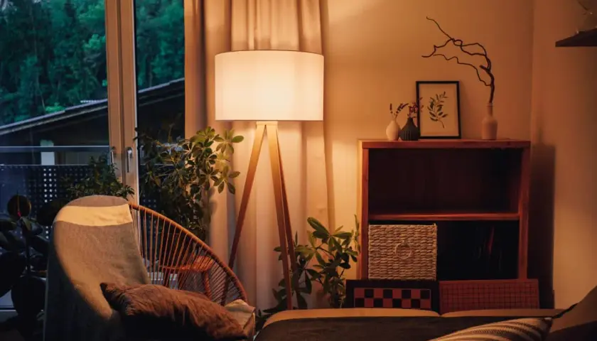 Lámpara de pie con luz blanco cálido ilumina un sillón acogedor y plantas. Estantería de madera con objetos decorativos y cestas.