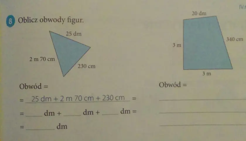 Trójkąt i trapez z podanymi długościami boków do obliczenia obwodu.
