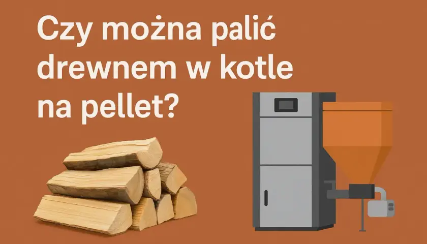 Stos drewna obok kotła na pellet.