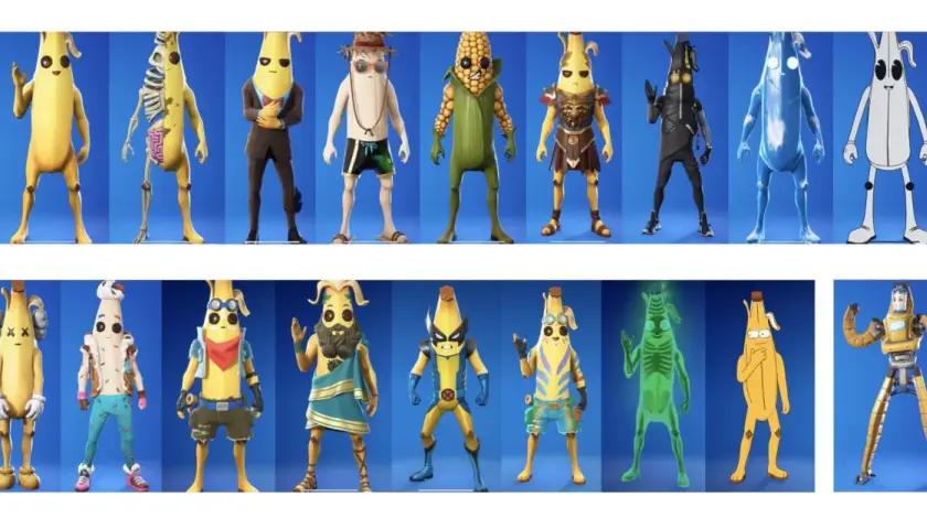 Kolekcja postaci z gry Fortnite, w tym różne wersje Peely'ego, czyli słynnego banana.