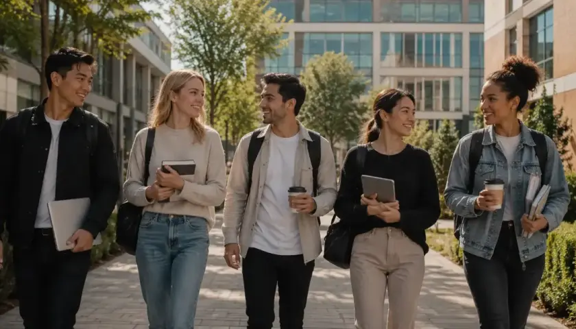 Pięcioro studentów, w tym Azjata, Europejka, mężczyzna o śniadej cerze, Azjatka i Afroamerykanka, idzie razem po kampusie, ciesząc się możliwościami studiów za granicą.