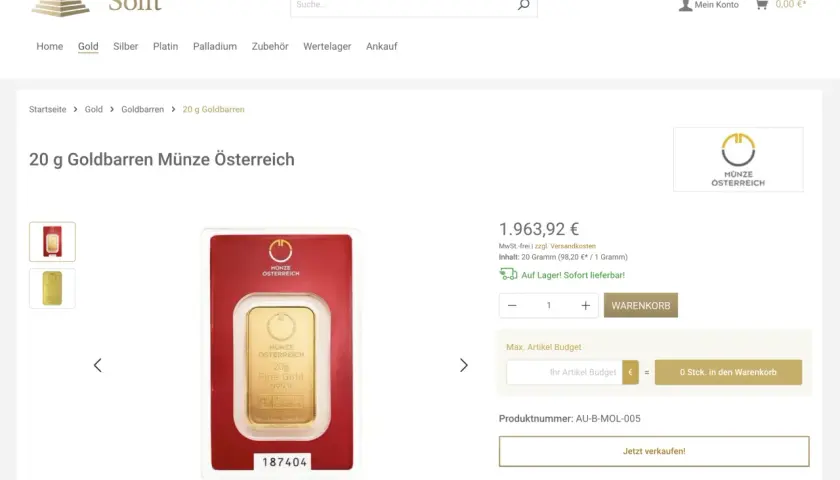 20g Goldbarren Münze Österreich, steuerfrei bei Solit. Ein glänzender Goldbarren, bereit für Ihre Sammlung.