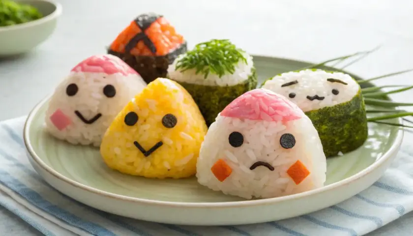Cute onigiri with faces on a plate. If your onigiri falls apart, try using stickier rice and pressing it firmly.