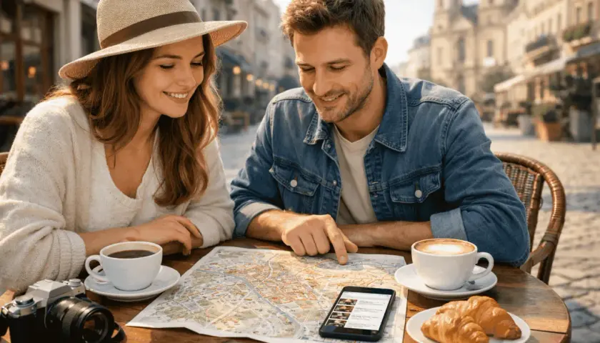 Para, planując city break, przegląda mapę i telefon, siedząc przy stoliku w kawiarni.