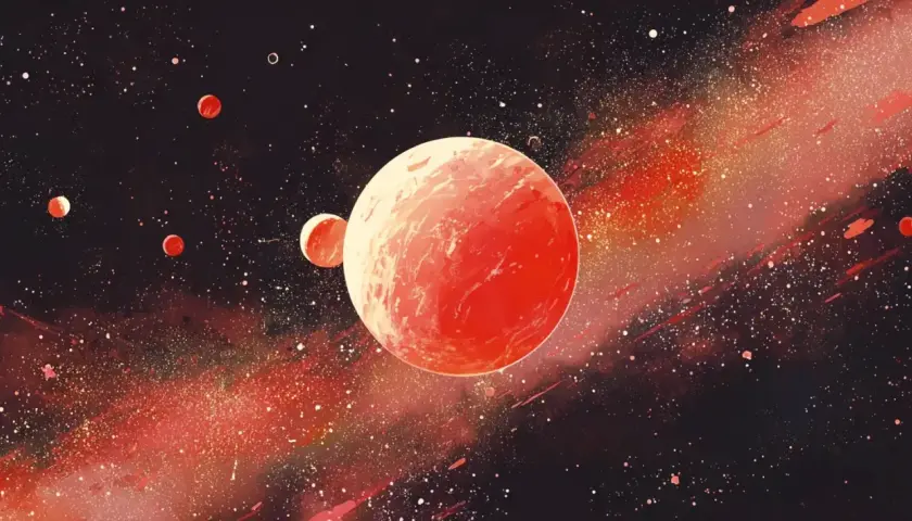Czerwone planety, w tym Mars w raku, unoszą się w gwiezdnym pyle.