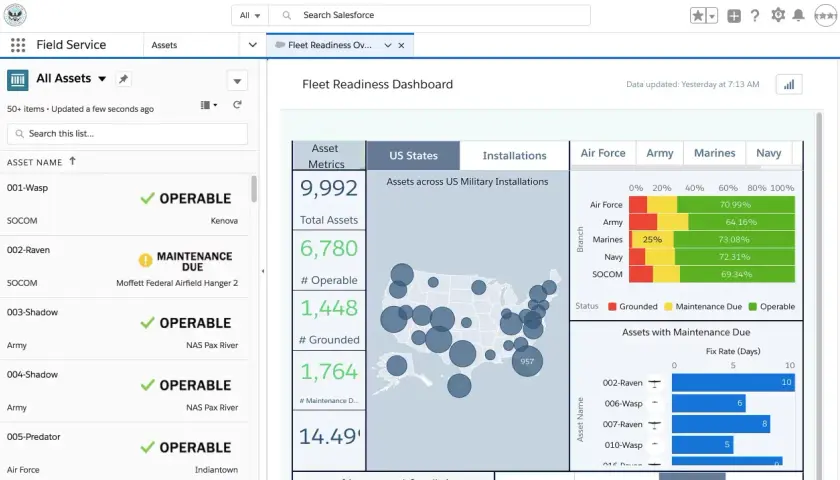 Fleet Readiness Dashboard showing asset status across US military installations, illustrating the meaning of a field office in managing these assets.