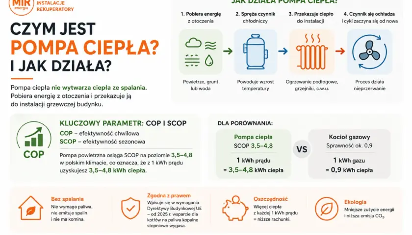 Pompa ciepła pobiera energię z otoczenia, by ogrzać dom. Z 1 kWh prądu daje 3,5-4,8 kWh ciepła, co daje oszczędność i ekologię.
