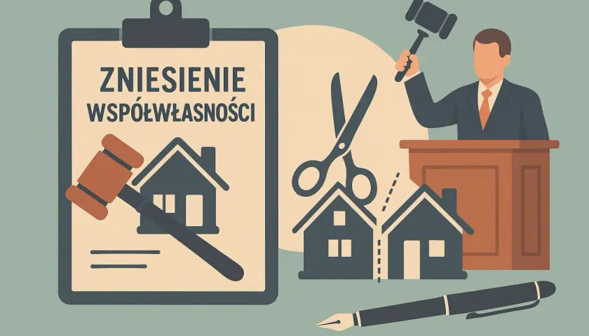 Ilustracja przedstawia proces zniesienia współwłasności ze spłatą. Sądowy młotek i nożyce symbolizują podział majątku.