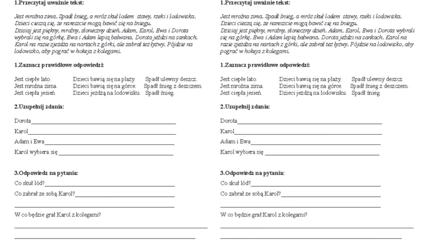 Zadania z czytania ze zrozumieniem klasa 2: tekst o zimowej zabawie dzieci, pytania i uzupełnianie zdań.
