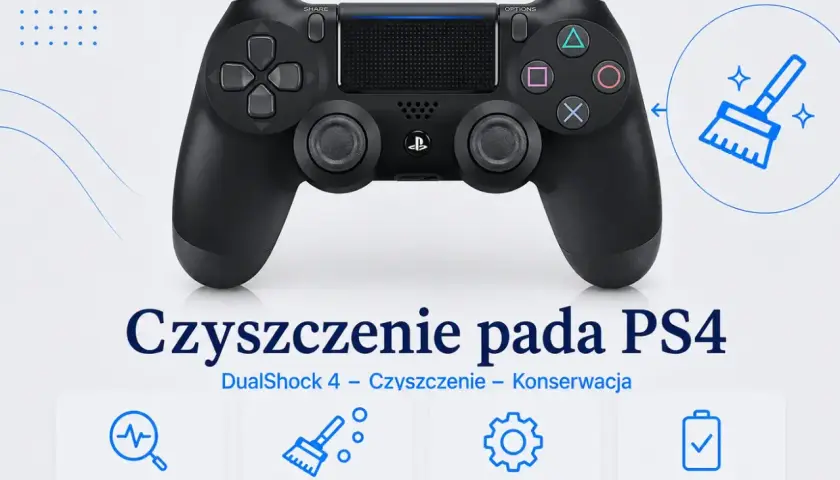 Czyszczenie pada PS4 DualShock 4. Ikony diagnostyki, czyszczenia, konserwacji i testu działania.