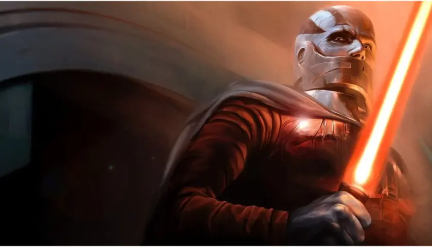 Star Wars Darth Malak, w zbroi i z czerwonym mieczem świetlnym, gotowy do walki.