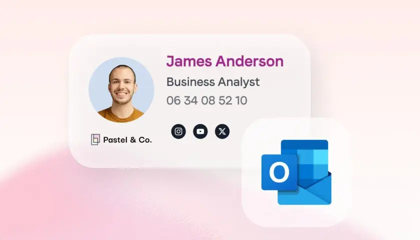 Carte de visite numérique de James Anderson, Business Analyst. Apprenez comment modifier signature Outlook pour une présentation professionnelle.
