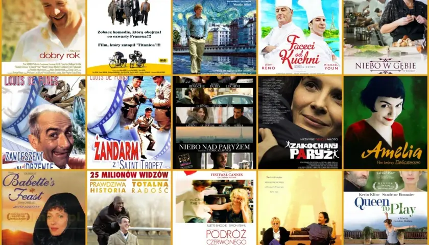 Plakat filmowy z kolażem okładek francuskich filmów, m.in. "Amelia", "Zakochanego Paryża".