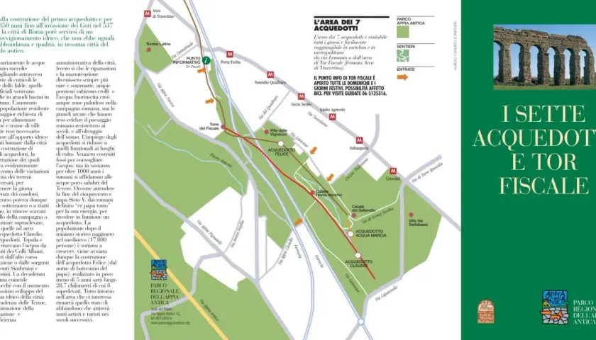 Mappa dell'area dei 7 acquedotti, tra cui l'Acquedotto Appio, con percorsi e punti di interesse.