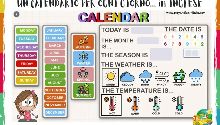Un calendario per imparare "che giorno è" in inglese, con giorni, mesi, stagioni, meteo e temperature.