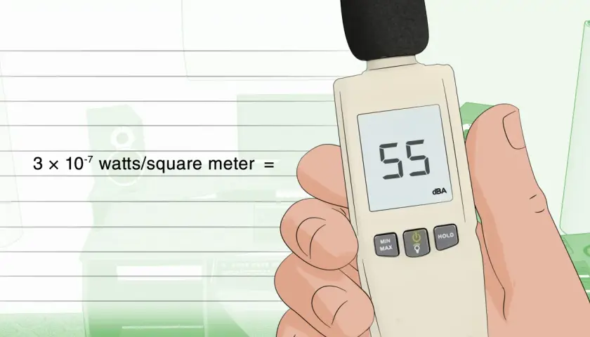 Medidor de sonido muestra 55 dB, un nivel de ruido moderado. La fórmula indica 3 x 10⁻⁷ watts/m², un ejemplo de 60 dB.