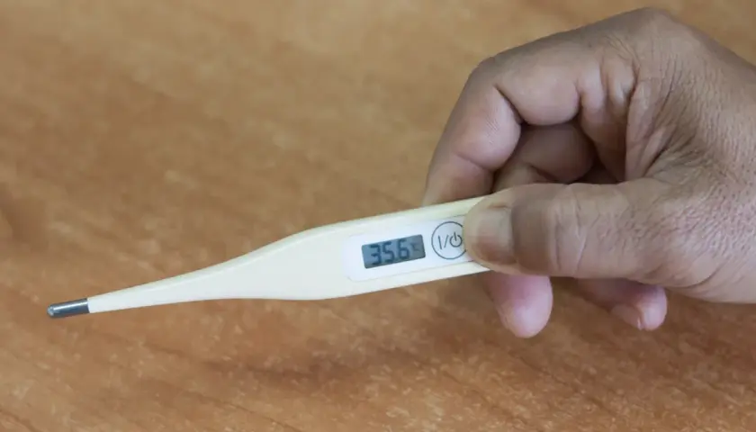 Dłoń trzyma termometr pokazujący 35.6°C. To niska temperatura u dorosłego.