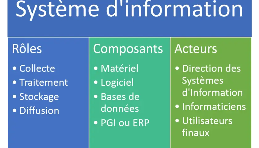Tableau décrivant un système d'information : rôles (collecte, traitement, stockage, diffusion), composants (matériel, logiciel, bases de données, PGI/ERP) et acteurs (direction SI, informaticiens, utilisateurs).