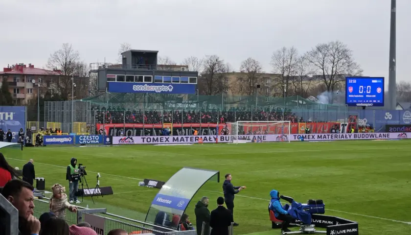 Mecz Raków Częstochowa – Widzew Łódź, wynik 0:0. Na boisku widać zawodników, kamery i trybuny pełne kibiców.