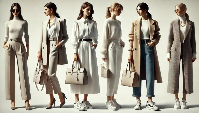 Sześć kobiet prezentuje stylizacje smart casual: eleganckie spodnie, płaszcze i stylowe dodatki.