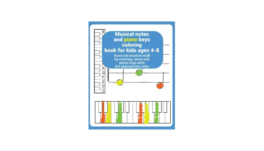 Libro para colorear de notas musicales y teclas de piano con colores.