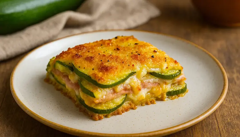 Una fetta di parmigiana di zucchine in friggitrice ad aria, con strati di zucchine, prosciutto e formaggio filante, dorata e croccante.