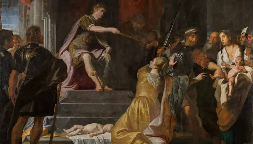 Królowa Saba w dramatycznej scenie z mieczem nad niemowlęciem. Sąd Salomona, gdzie prawda o matce zwycięża.