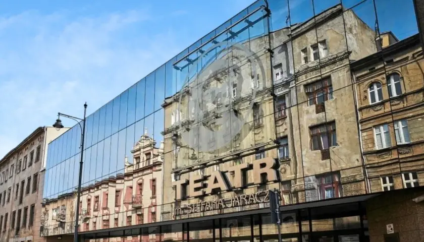 Teatr Jaracza w Łodzi, z nowoczesną szklaną fasadą odbijającą zabytkową architekturę. Sprawdź repertuar!