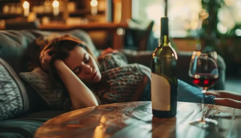 Kobieta śpi na kanapie, obok butelka wina i kieliszek. Wygląda na to, że dopadło ją zatrucie alkoholowe.
