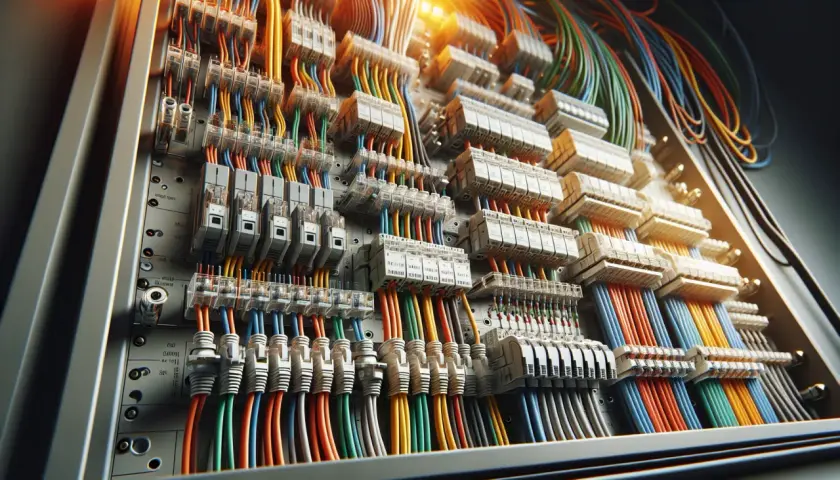 Panel z bezpiecznikami i kolorowymi kablami. Schematyczne przedstawienie, jak podłączyć kable do bezpieczników, z widocznymi zaciskami i przewodami.