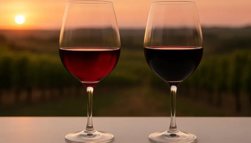 Zwei Gläser Rotwein, ein hellerer Cabernet Sauvignon und ein dunklerer Merlot, stehen vor einem Weinberg bei Sonnenuntergang.