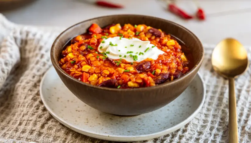 Herzhaftes Chilli sin Carne mit Mais, Bohnen und Linsen, garniert mit einem Klecks Sauerrahm und Schnittlauch.