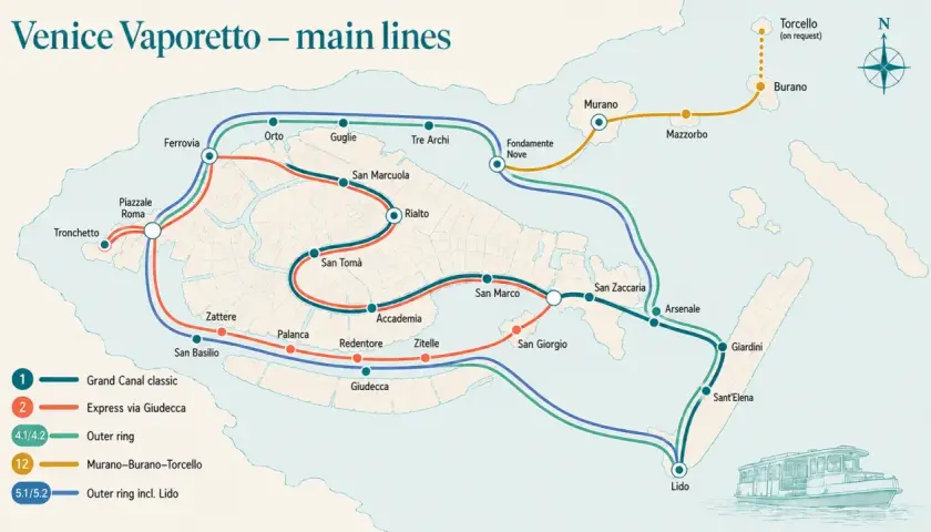 Mapa de rutas del vaporetto en Venecia, mostrando el Gran Canal y líneas a Murano y Burano.