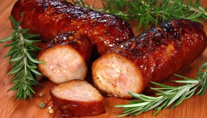 Soczysta kiełbasa z piekarnika, rumiana i błyszcząca, z gałązkami rozmarynu i ziarnami pieprzu na desce.