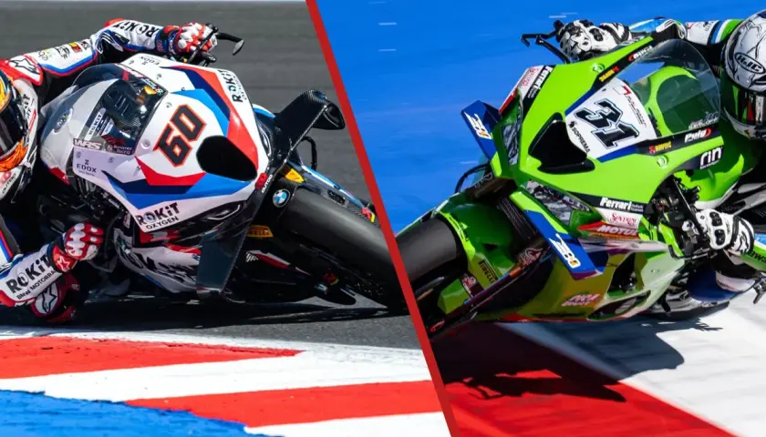 Dos motos de **BMW MotoGP** compiten en una carrera, una blanca y roja con el número 60, la otra verde con el número 31.