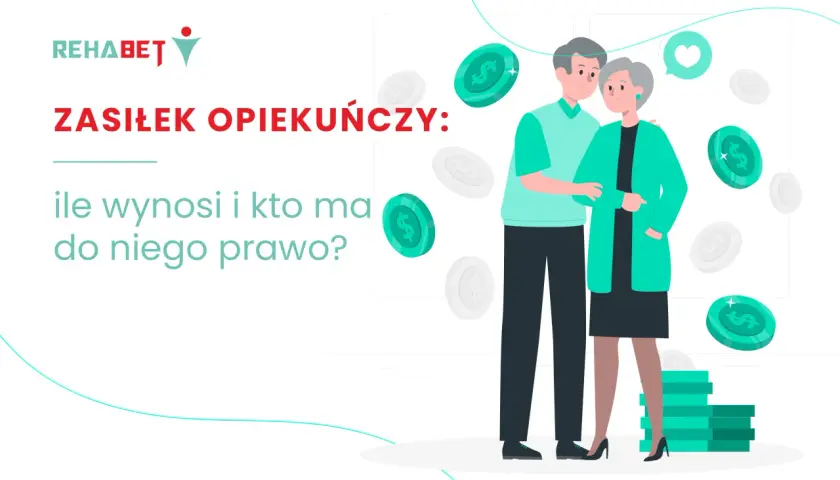 Zasiłek opiekuńczy: ile wynosi i kto ma do niego prawo? Ilustracja przedstawia parę seniorów otoczonych monetami, symbolizującymi wsparcie finansowe.