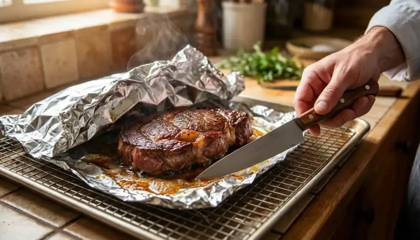 Un rumsteak juteux, enveloppé dans du papier aluminium, prêt pour un barbecue. La vapeur s'échappe, promettant une viande savoureuse.