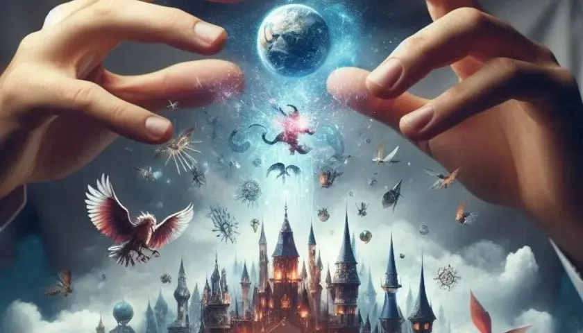 Dłonie tworzą świat z zamkami i latającymi stworzeniami, ilustrując zasady tworzenia systemów religijnych w światach fantasy.