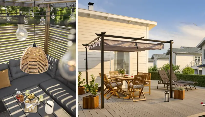 Mysig altan inspiration med bekväm soffgrupp, matplats och solstolar under pergola. Vackert ljus och grönska skapar en inbjudande atmosfär.