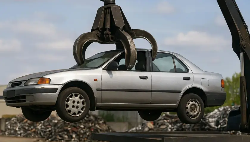Un'auto d'argento viene sollevata da una gru, pronta per la rottamazione. Un'opportunità per un bonus rottamazione auto senza acquisto.