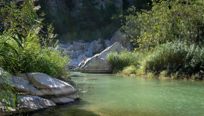 Aguas turquesas fluyen en la vía verde del Serpis, rodeadas de rocas y vegetación exuberante.