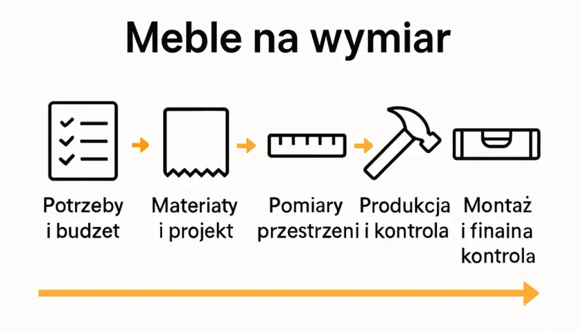 Schemat jak projektować meble na wymiar: potrzeby, materiały, pomiary, produkcja i montaż.