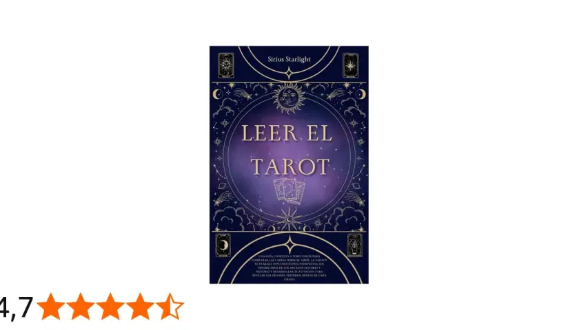 Portada de libro "Leer el Tarot" de Sirius Starlight, con ilustraciones celestiales y texto que promete desvelar el significado de las cartas del tarot.