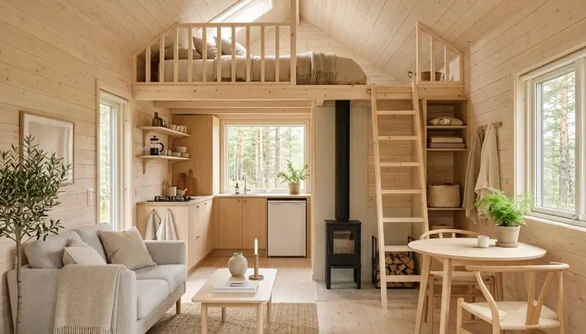 Mysig attefallshus inspiration med loftssäng, kök, soffa och kamin. Ljust trä och skandinavisk design.