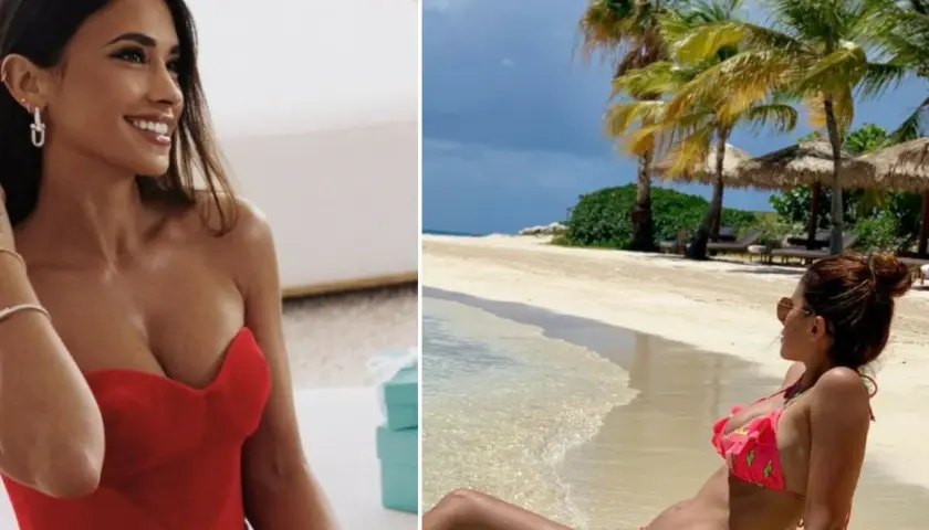 Antonela Roccuzzo, żona Leo Messiego, w czerwonej sukience i na plaży w bikini.