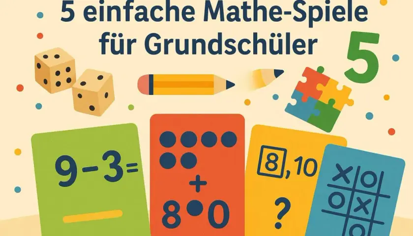 Bunte Karten mit Mathe-Aufgaben wie 9-3, Punktzahlen und Tic-Tac-Toe. Würfel und ein Bleistift deuten auf lustige Mathe-Spiele für Grundschüler hin.
