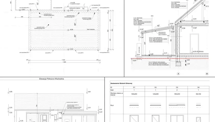 Projekt architektoniczno budowlany: przekrój, elewacja i zestawienie okien.